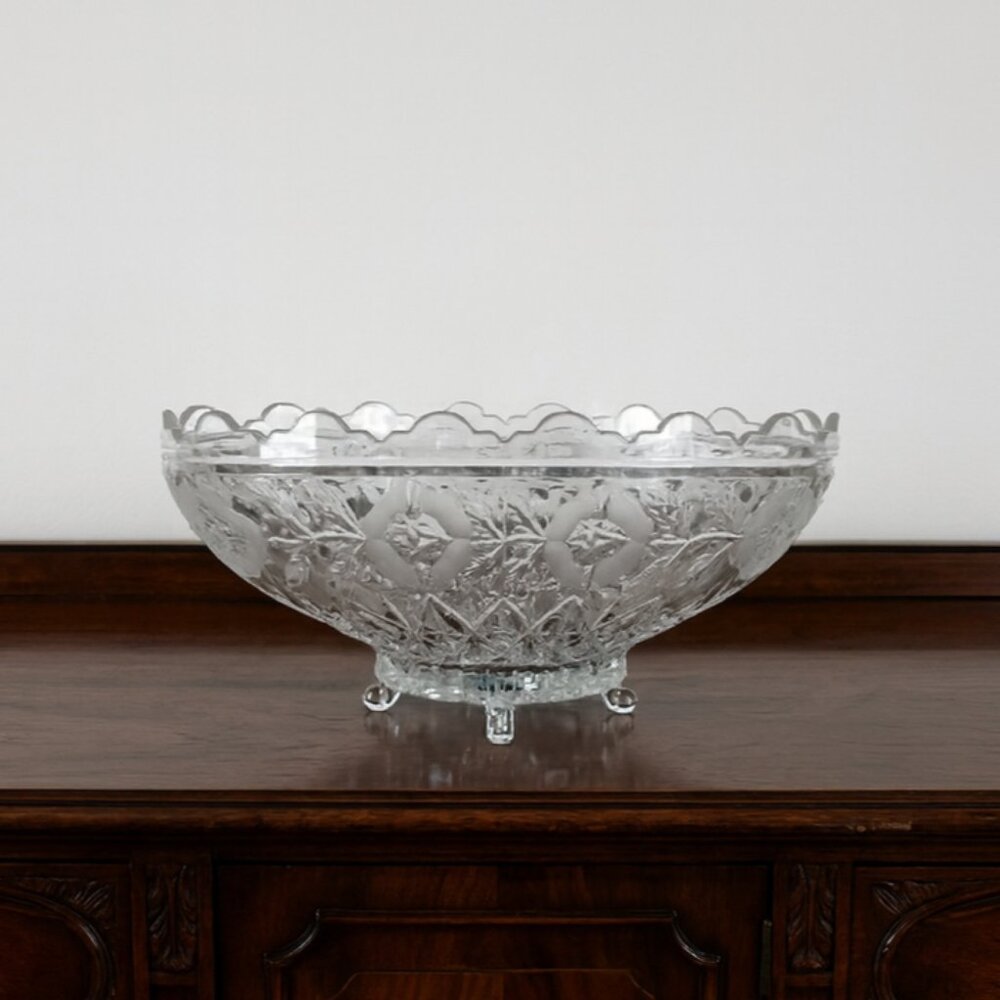 Vintage Ambrosia Clear Cut Lead Crystal Bowl 11" Oval Footed Scalloped Floral